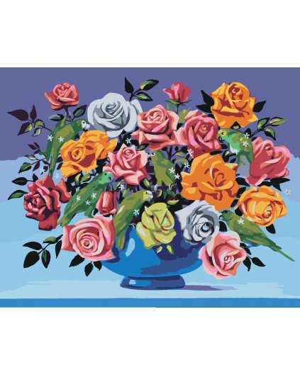 Malování podle čísel - RŮŽE VE VÁZE A PAPOUŠCI (D. RUSTY RUST)