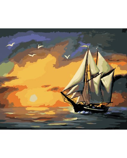 Malování podle čísel - PLACHETNICE, ZÁPAD SLUNCE A RACCI (D. RUSTY RUST)