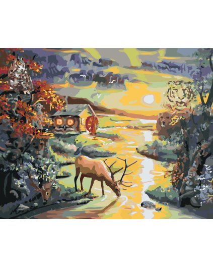 Malování podle čísel - JELEN V ŘECE, ILUZE ZVÍŘAT A ZÁPAD SLUNCE (D. RUSTY RUST)