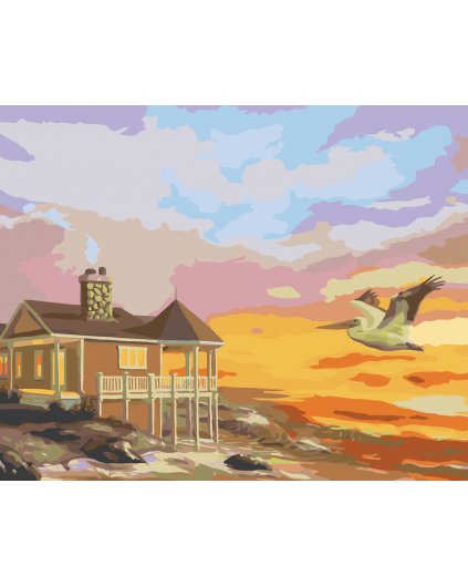 Malování podle čísel - PELIKÁN, DŮM U MOŘE A ZÁPAD SLUNCE (D. RUSTY RUST)