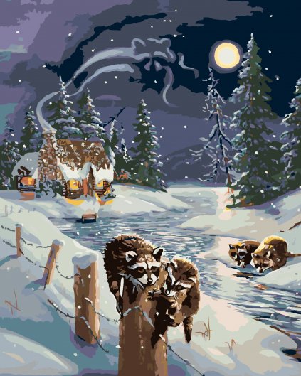 Malování podle čísel - MÝVAL U ŘEKY A CHATA V ZIMĚ (D. RUSTY RUST)