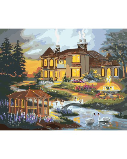 Malování podle čísel - LABUTĚ, ALTÁN A FONTÁNA U DOMU (D. RUSTY RUST)