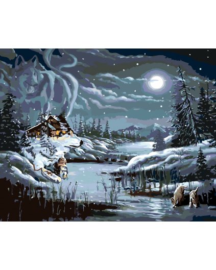 Malování podle čísel - ÚPLNĚK, CHATA A VLK V ZIMĚ (D. RUSTY RUST)