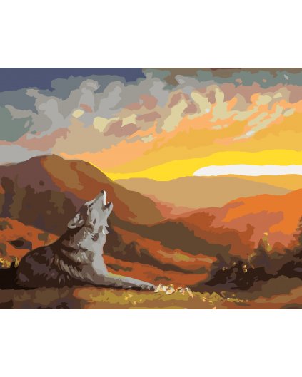 Malování podle čísel - VYJÍCÍ VLK, ZÁPAD SLUNCE A HORY (D. RUSTY RUST)