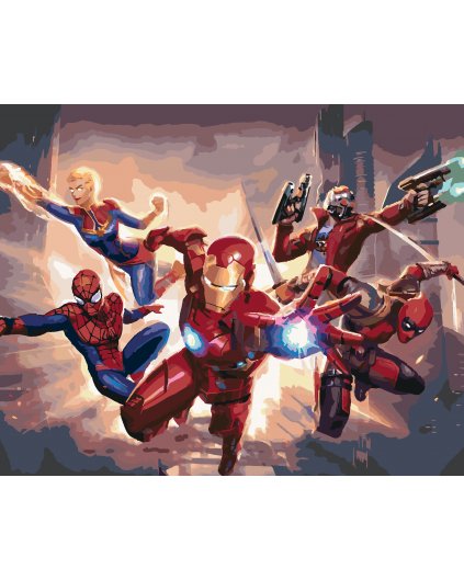 Malování podle čísel - IRON MAN, SPIDERMAN, CAPTAIN MARVEL, DEADPOOL A STAR-LORD MÍŘÍ DO BOJE