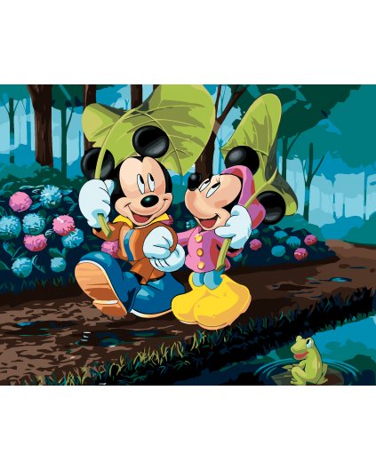 Malování podle čísel - MICKEY MOUSE A MINNIE S DEŠTNÍKY Z LISTŮ