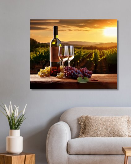 Obrazy na stěnu - Láhev vína se skleničkami na vinici