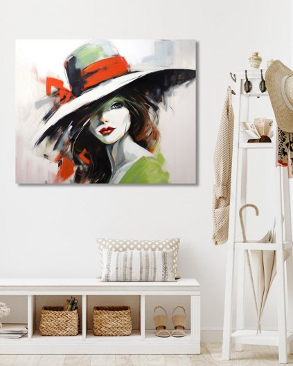 Obrazy na stěnu - Dívka v klobouku s červenou mašlí
