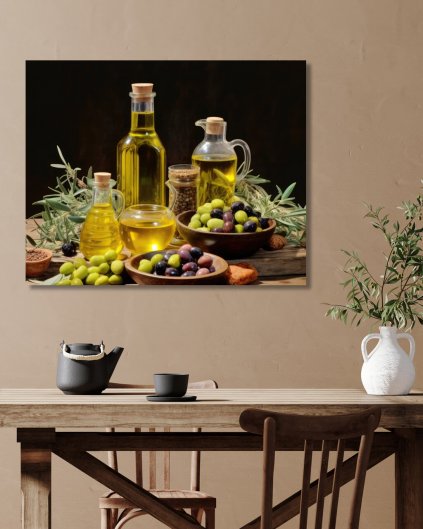 Obrazy na stěnu - Aranžmá - olivový olej s olivami na stole