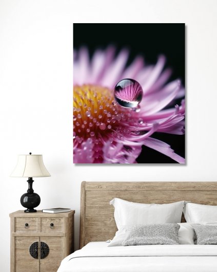 Obrazy na stěnu - Růžová kytka v kapkách deště