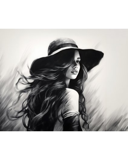 Obrazy na stěnu - Dívka s kloboukem - černobílá