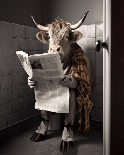 Obrazy na stěnu - Býk s novinami na záchodě
