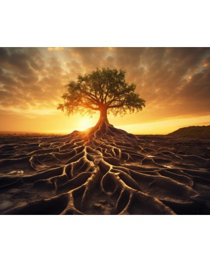Obrazy na stěnu - Strom s kořeny při západu slunce