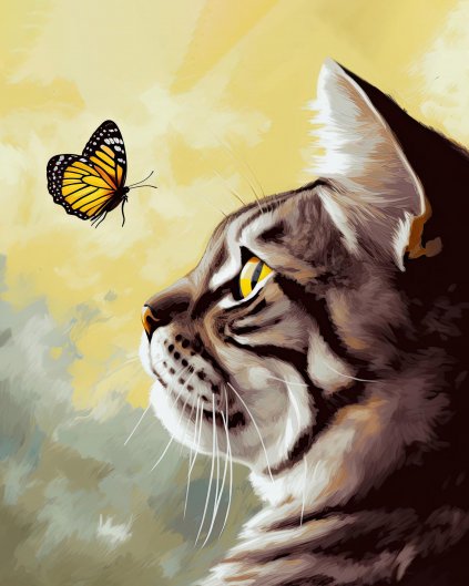 Obrazy na stěnu - Mourovaná kočka s motýlem
