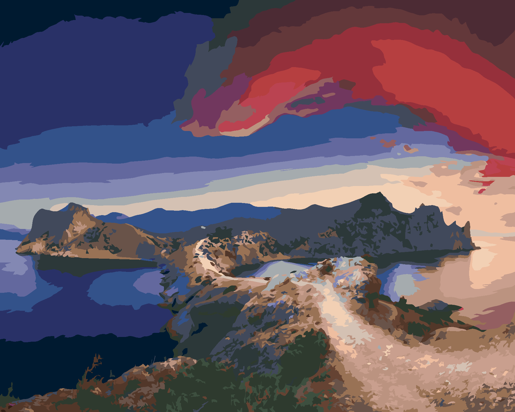 Malování podle čísel - PŘÍRODA S ČERVENÝMI MRAKY Rozměr: 80x100 cm, Rámování: vypnuté plátno na rám