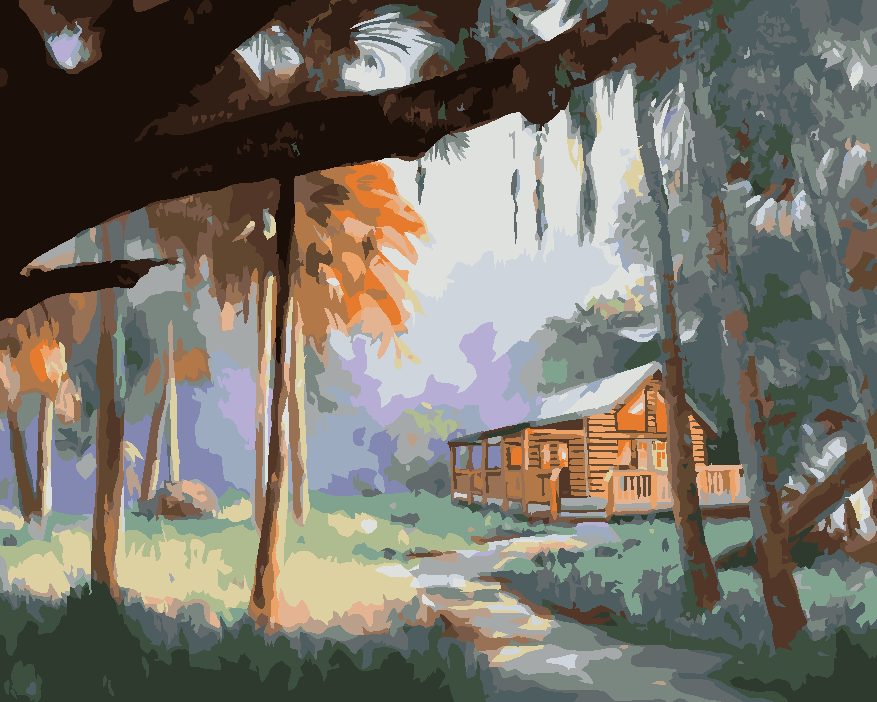 Malování podle čísel - CHATA V PŘÍRODĚ (D. RUSTY RUST) Rozměr: 80x100 cm, Rámování: vypnuté plátno na rám