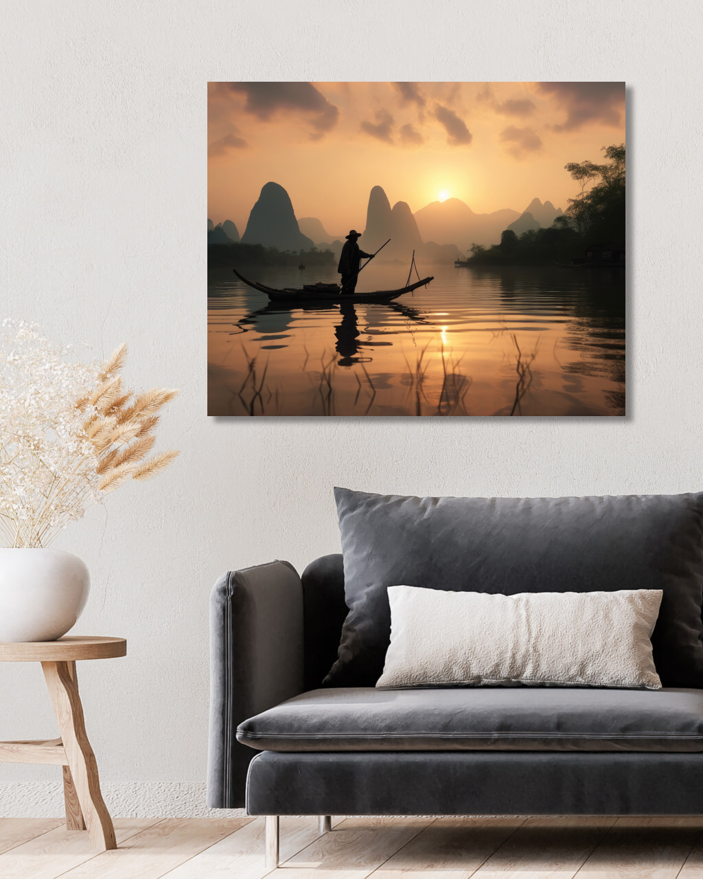 Obrazy na stěnu - Rybář na loďce Rozměr: 40x50 cm, Rámování: vypnuté plátno na rám