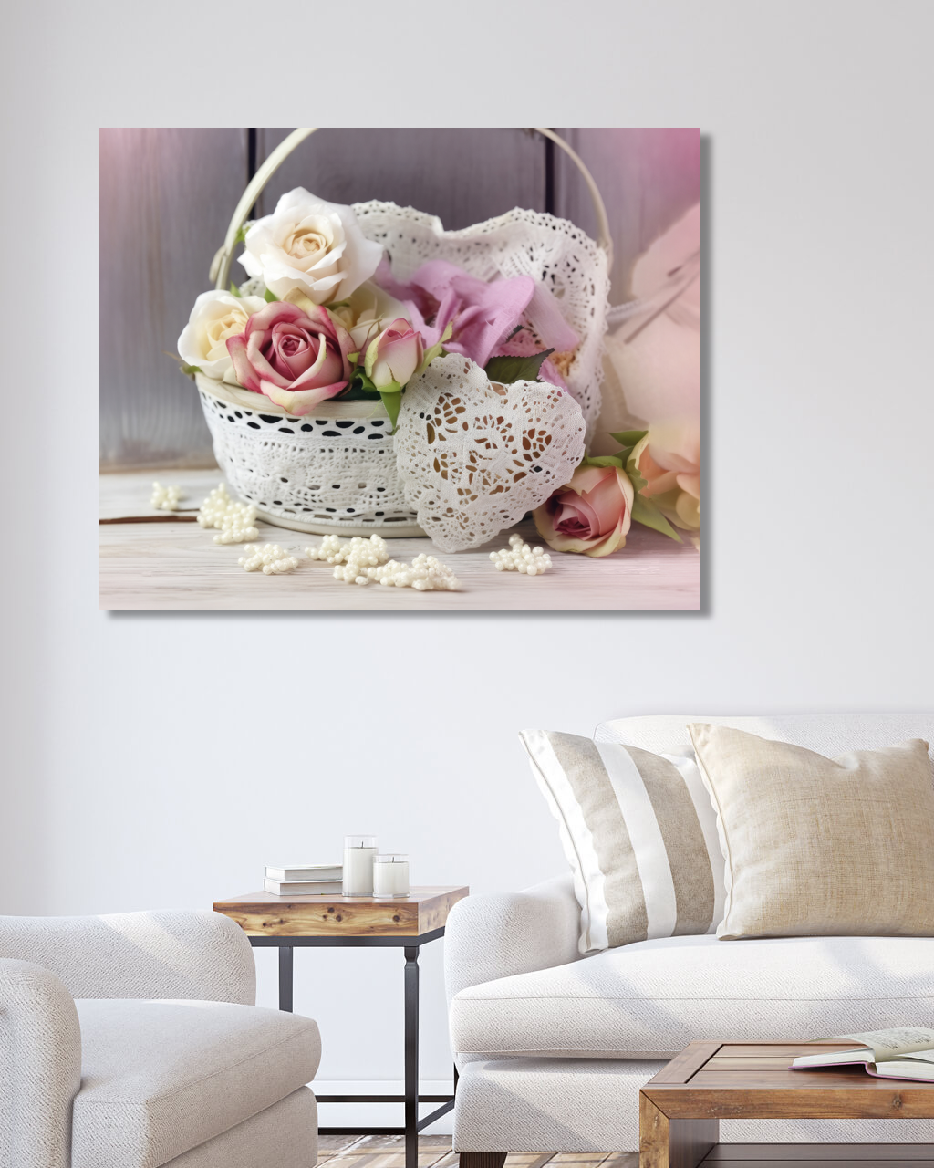 Obrazy na stěnu - Bílý košík s růžemi Rozměr: 40x50 cm, Rámování: vypnuté plátno na rám