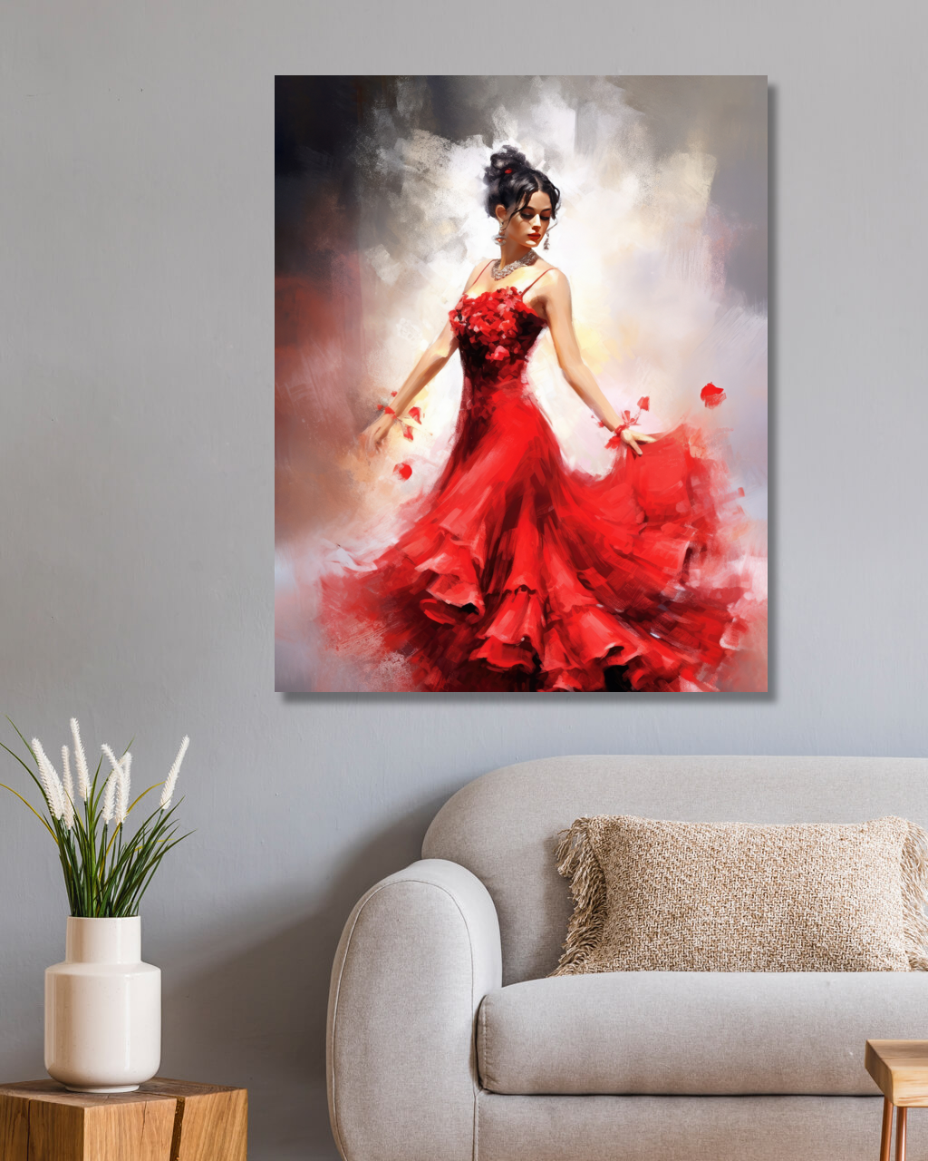 Obrazy na stěnu - Žena v červených šatech Rozměr: 40x50 cm, Rámování: vypnuté plátno na rám