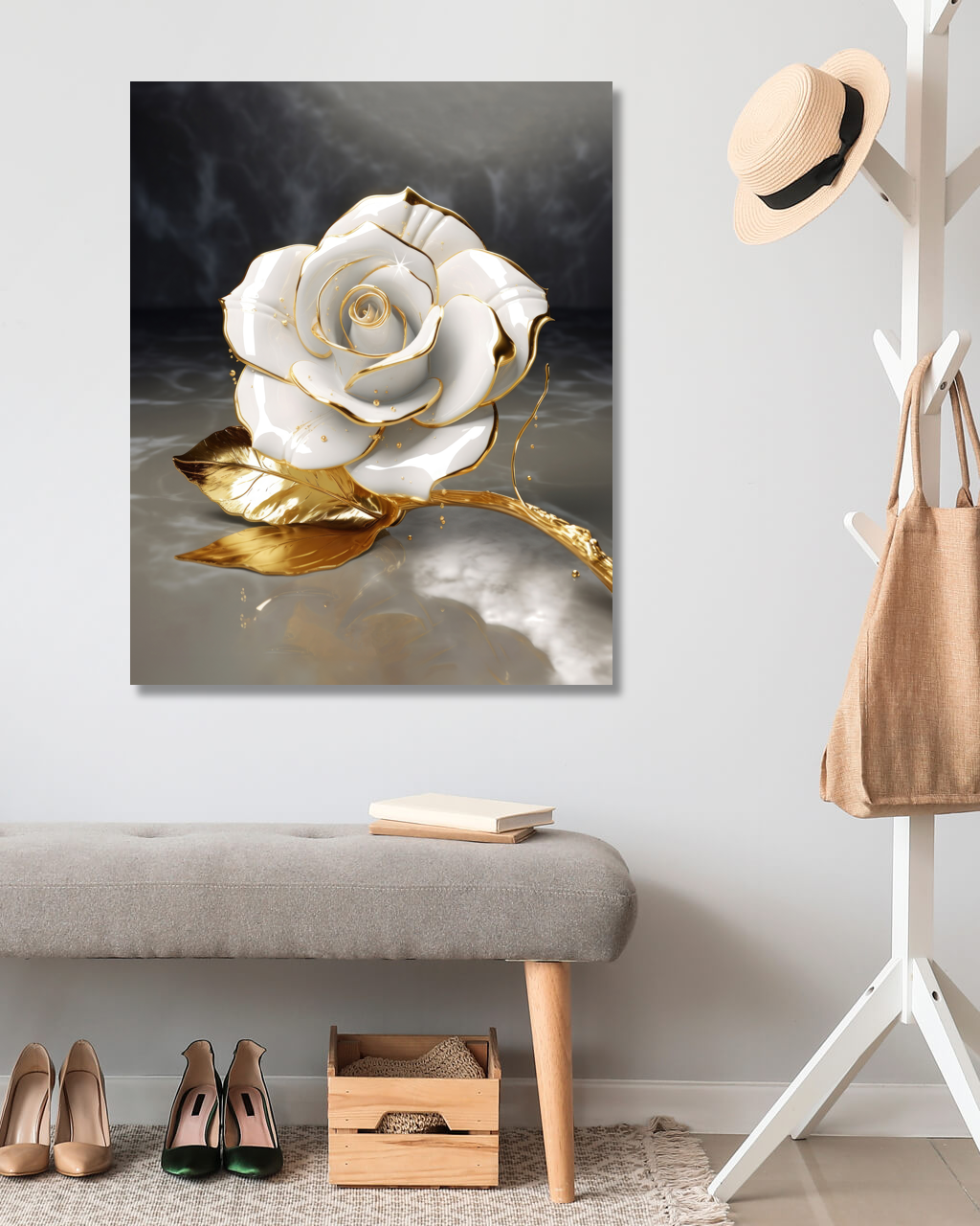 Obrazy na stěnu - Bílozlatá růže Rozměr: 40x50 cm, Rámování: vypnuté plátno na rám
