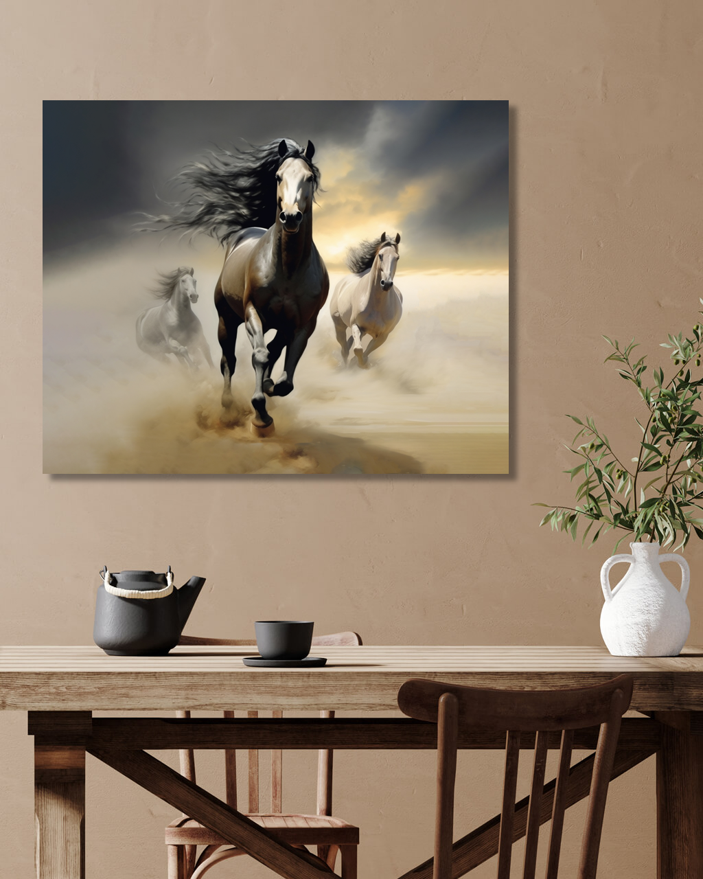 Obrazy na stěnu - Běžící koně v písku 1 Rozměr: 40x50 cm, Rámování: vypnuté plátno na rám