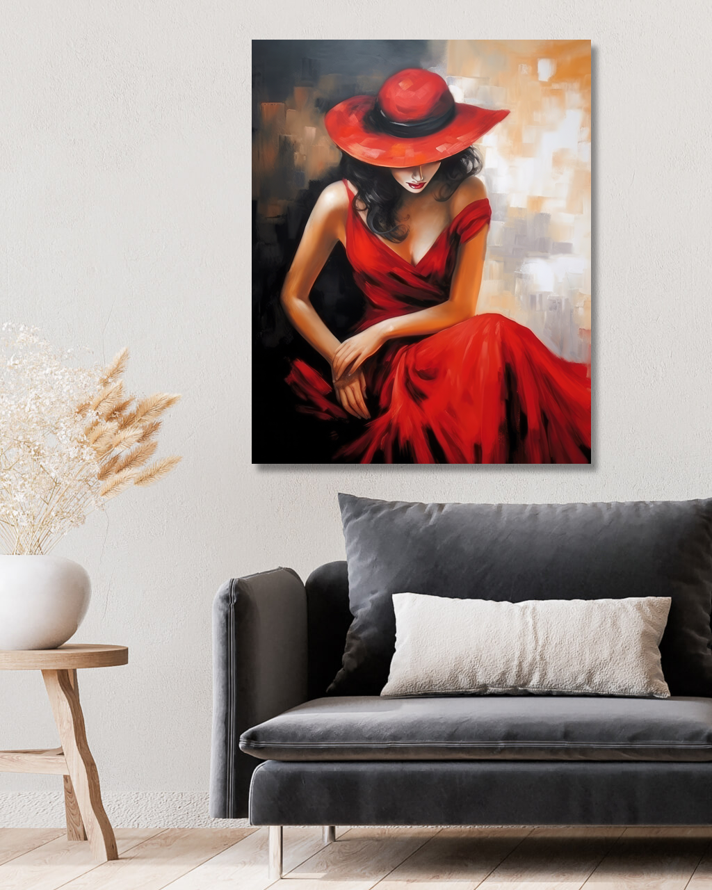Obrazy na stěnu - Žena v červeném klobouku a šatech Rozměr: 40x50 cm, Rámování: vypnuté plátno na rám