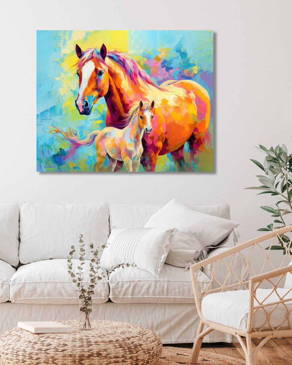 Obrazy na stěnu - barevná kobyla a hříbě Rozměr: 40x50 cm, Rámování: vypnuté plátno na rám