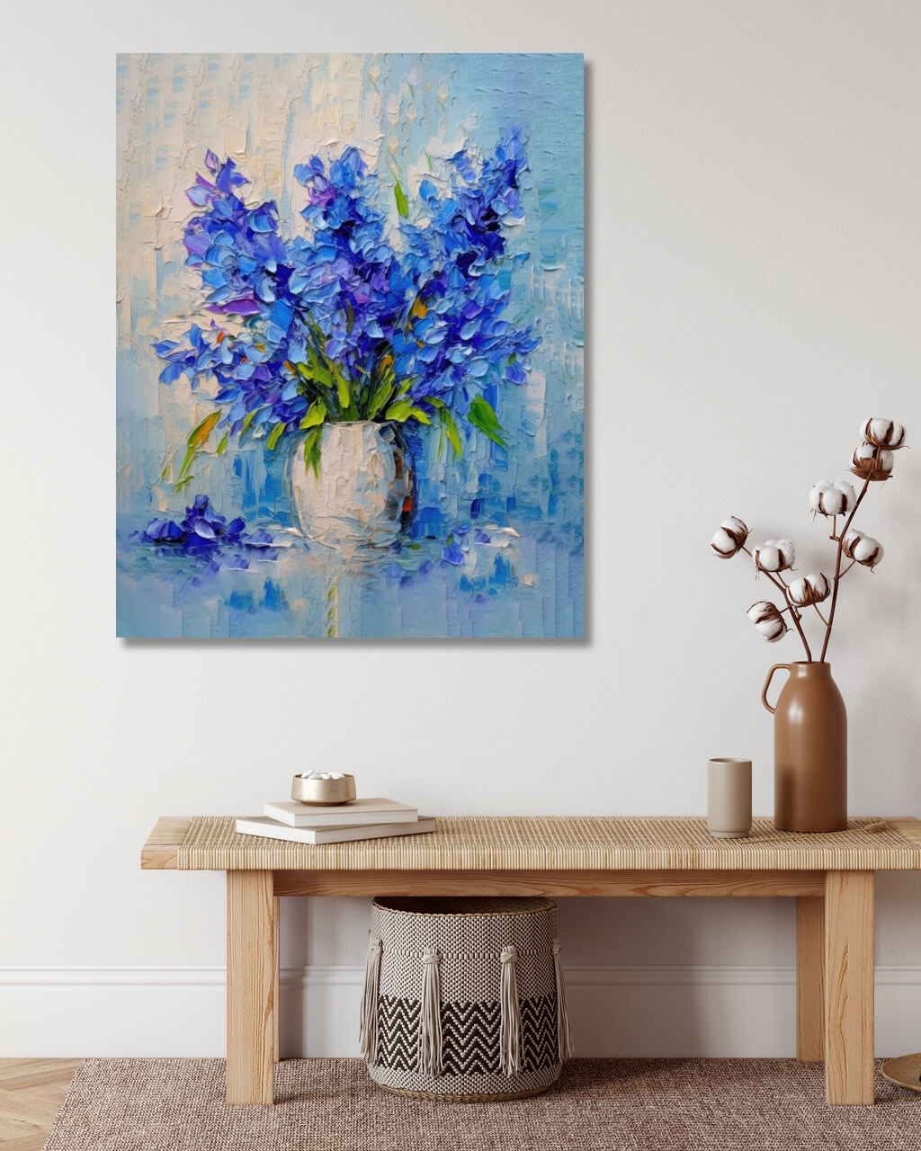 Obrazy na stěnu - Modré kosatce ve váze Rozměr: 40x50 cm, Rámování: vypnuté plátno na rám