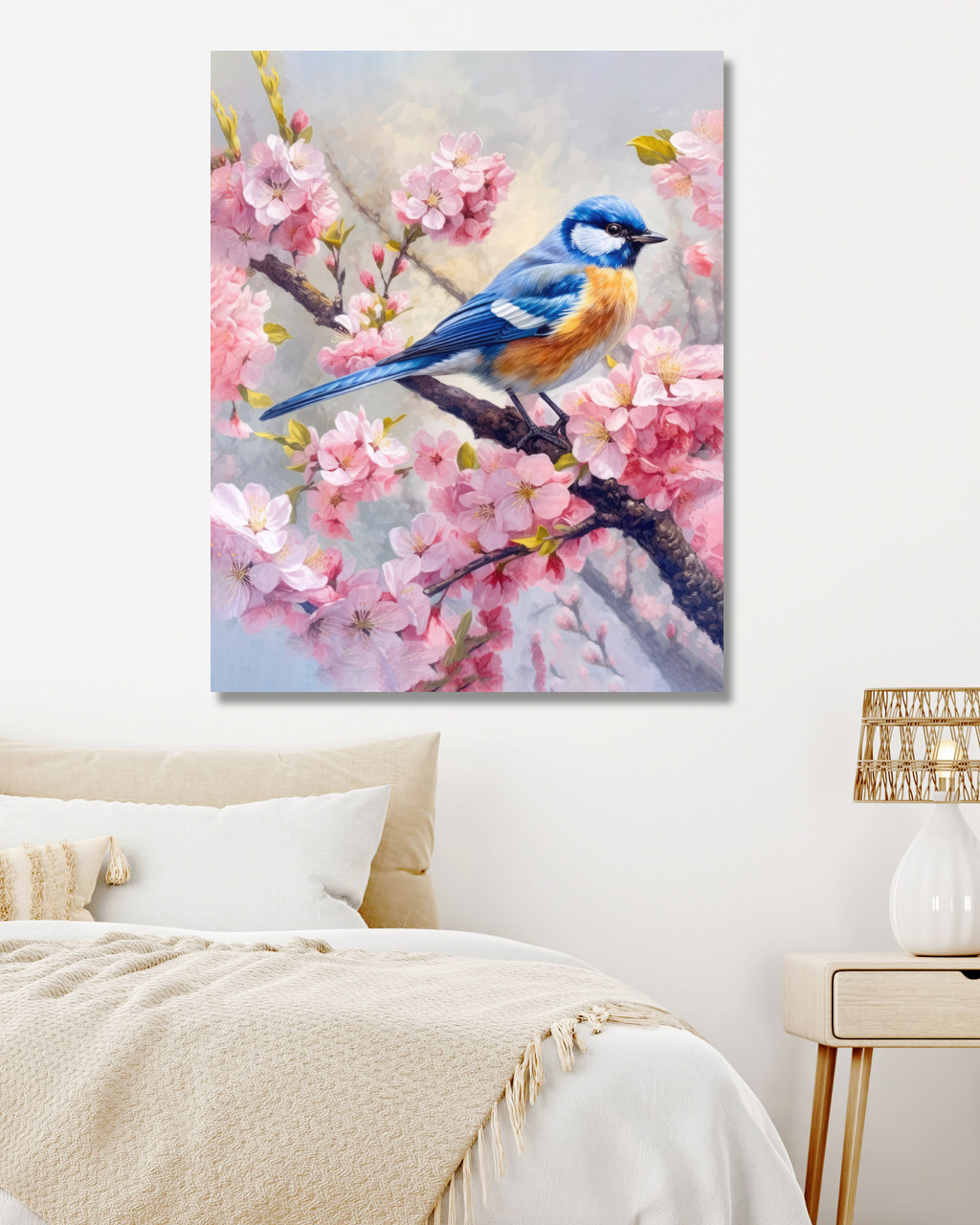 Obrazy na stěnu - Strom jabloně a ptáček Rozměr: 40x50 cm, Rámování: vypnuté plátno na rám