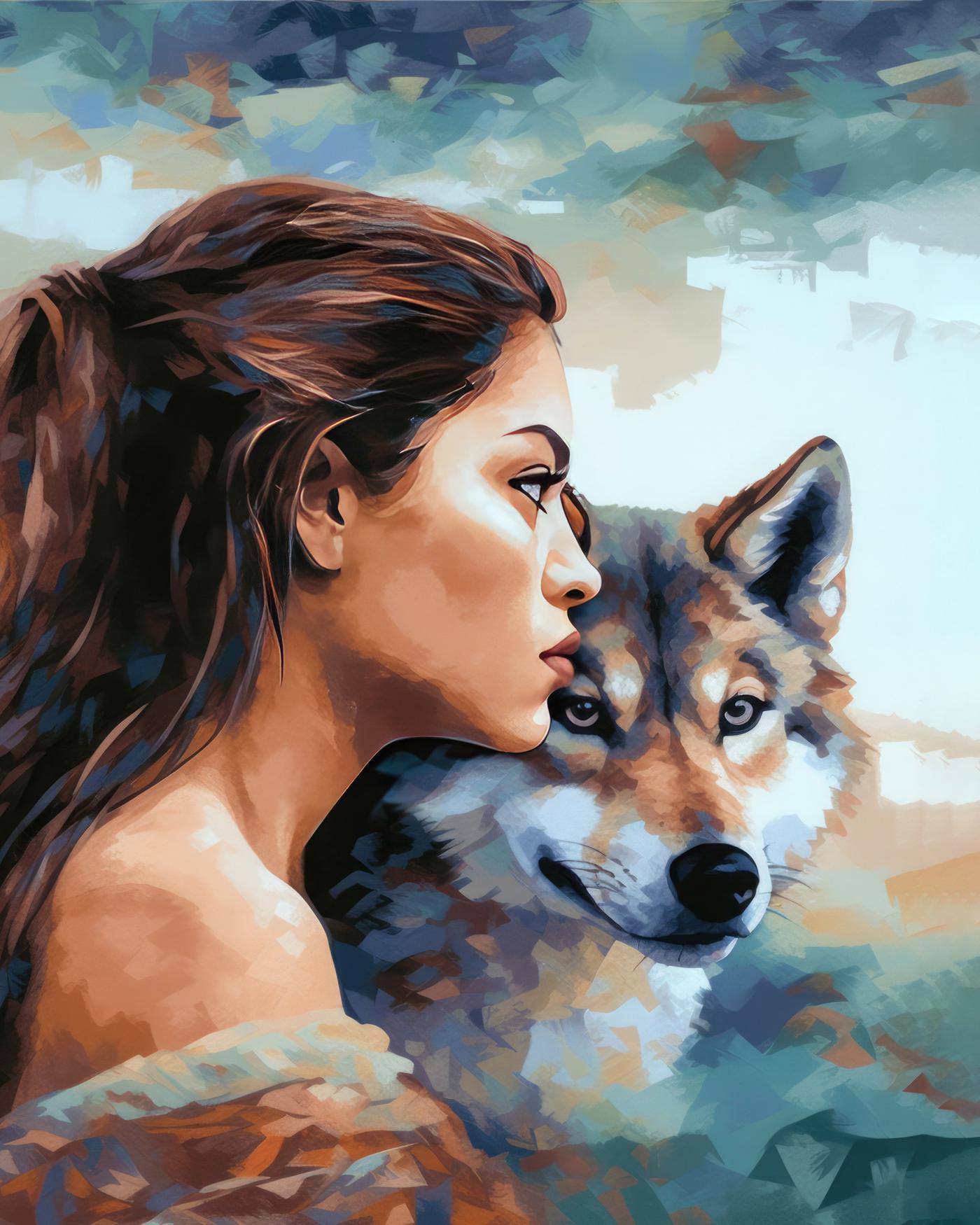 Obrazy na stěnu - Spojenectví ženy a vlka Rozměr: 40x50 cm, Rámování: vypnuté plátno na rám