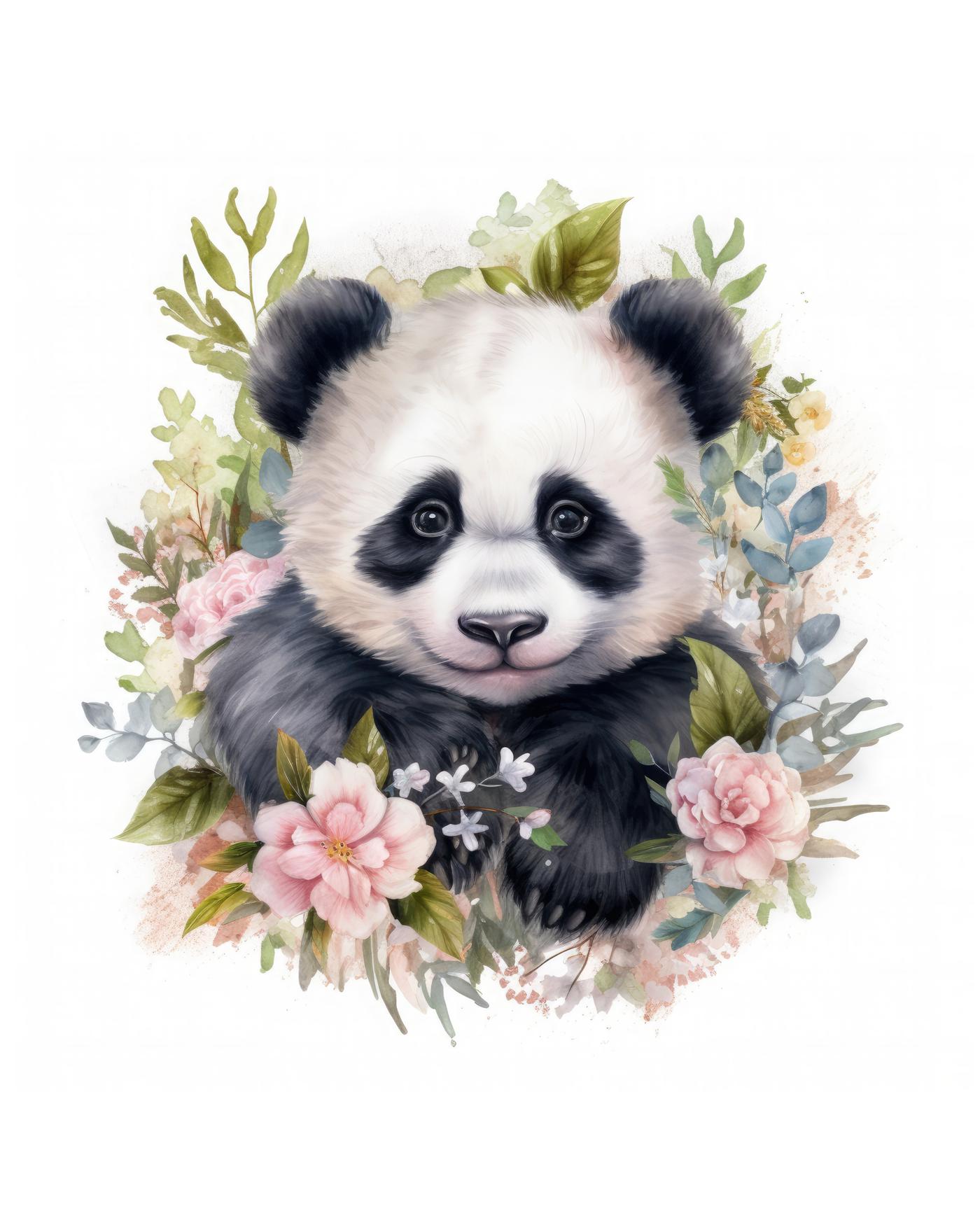 Obrazy na stěnu - Panda s květy Rozměr: 40x50 cm, Rámování: vypnuté plátno na rám