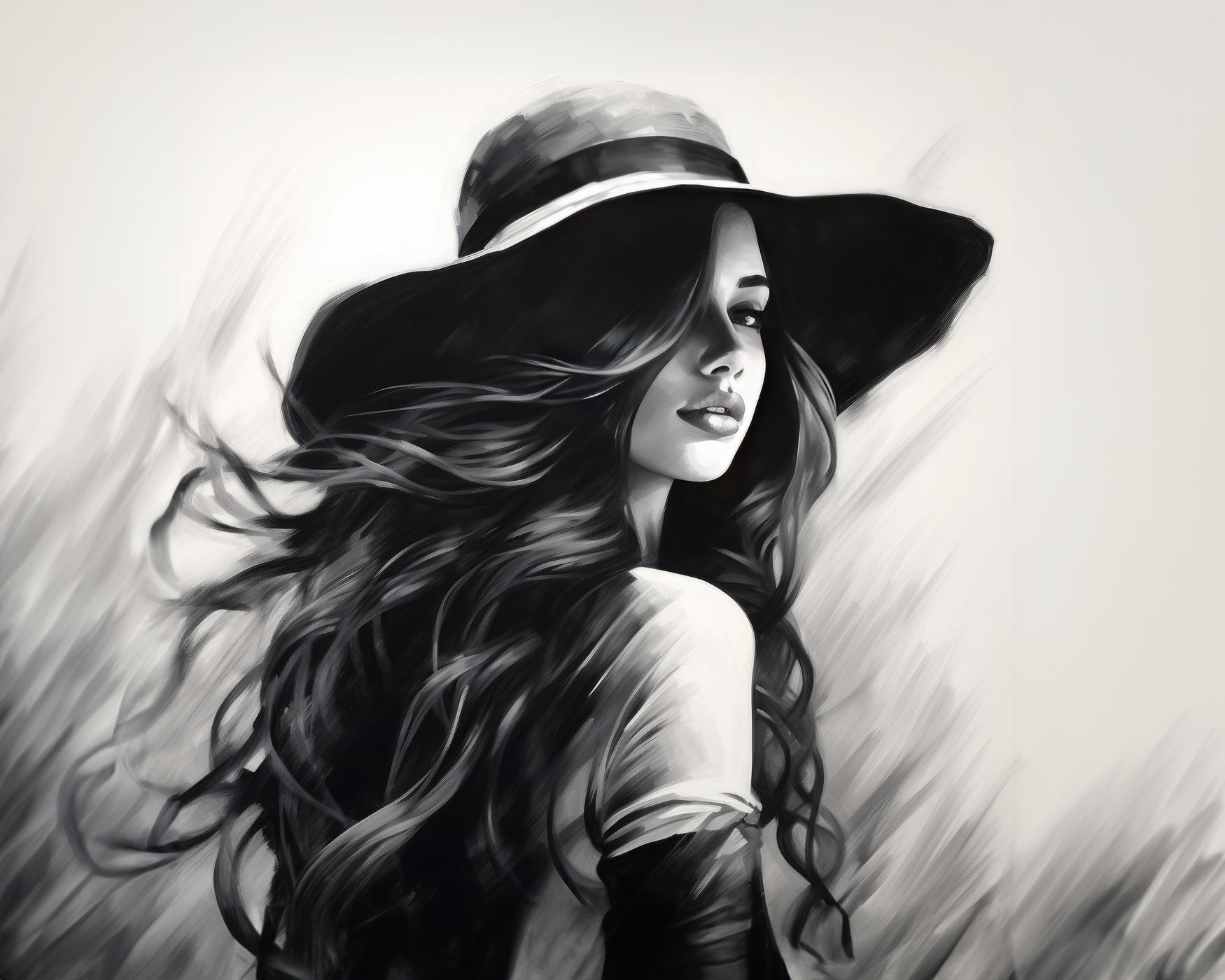 Obrazy na stěnu - Dívka s kloboukem - černobílá Rozměr: 40x50 cm, Rámování: vypnuté plátno na rám