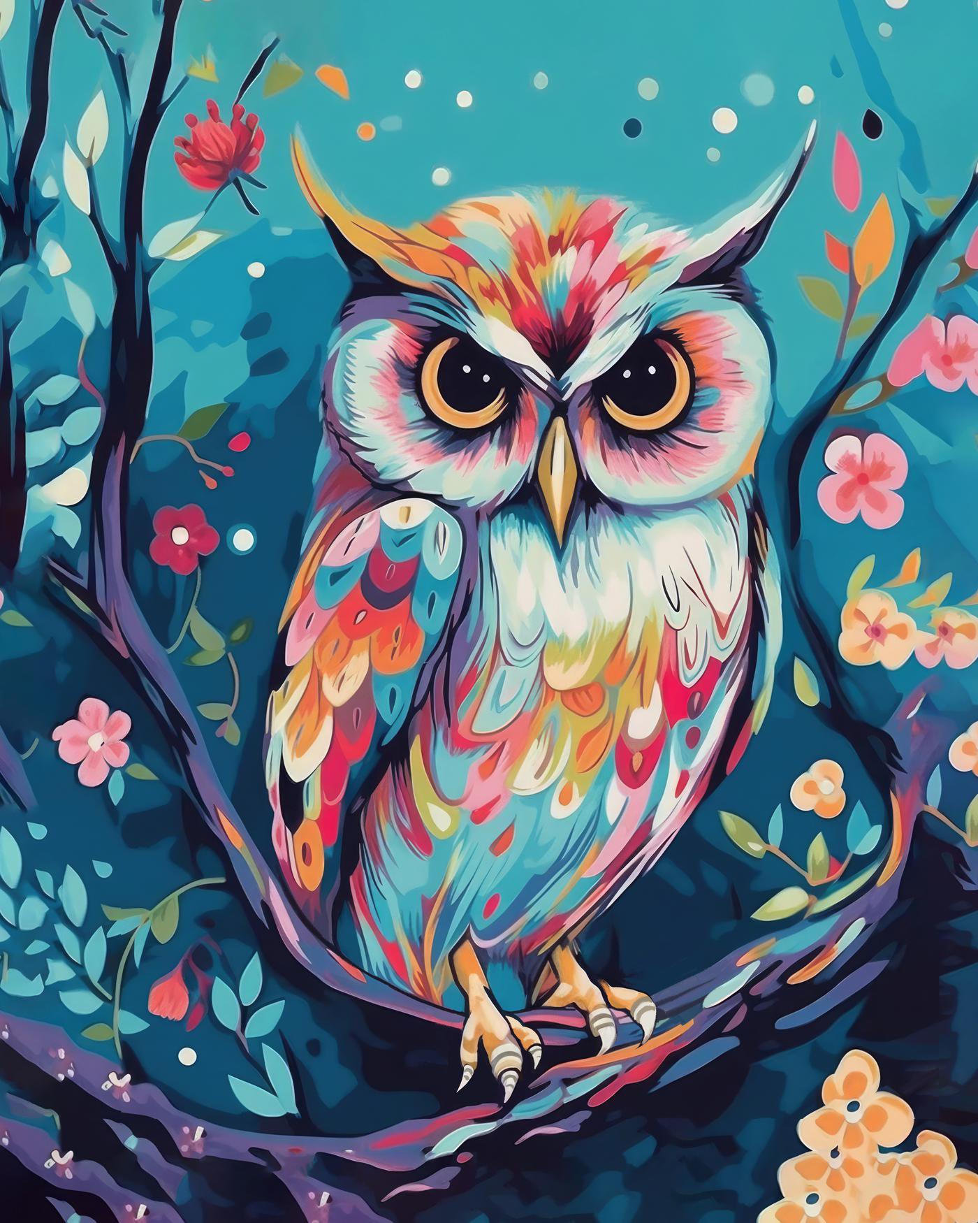 Obrazy na stěnu - Barevná sova v noci Rozměr: 40x50 cm, Rámování: vypnuté plátno na rám