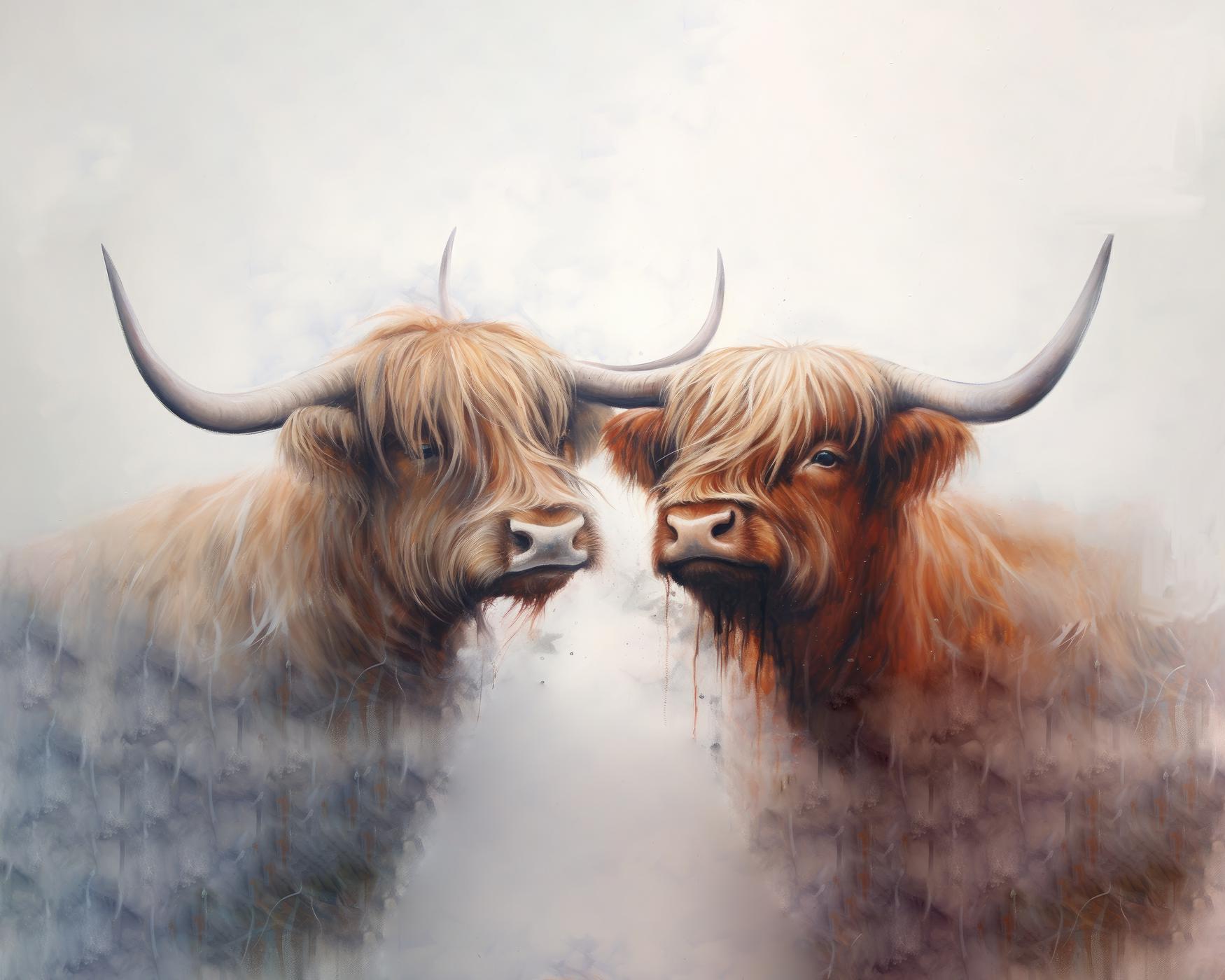 Obrazy na stěnu - Skotští býci Rozměr: 40x50 cm, Rámování: vypnuté plátno na rám