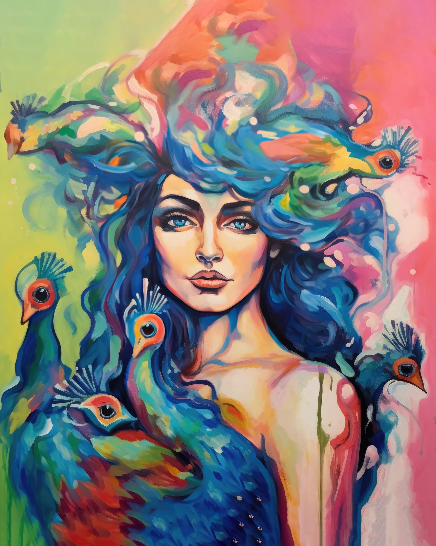 Obrazy na stěnu - Abstrakt - žena s pávy Rozměr: 40x50 cm, Rámování: vypnuté plátno na rám