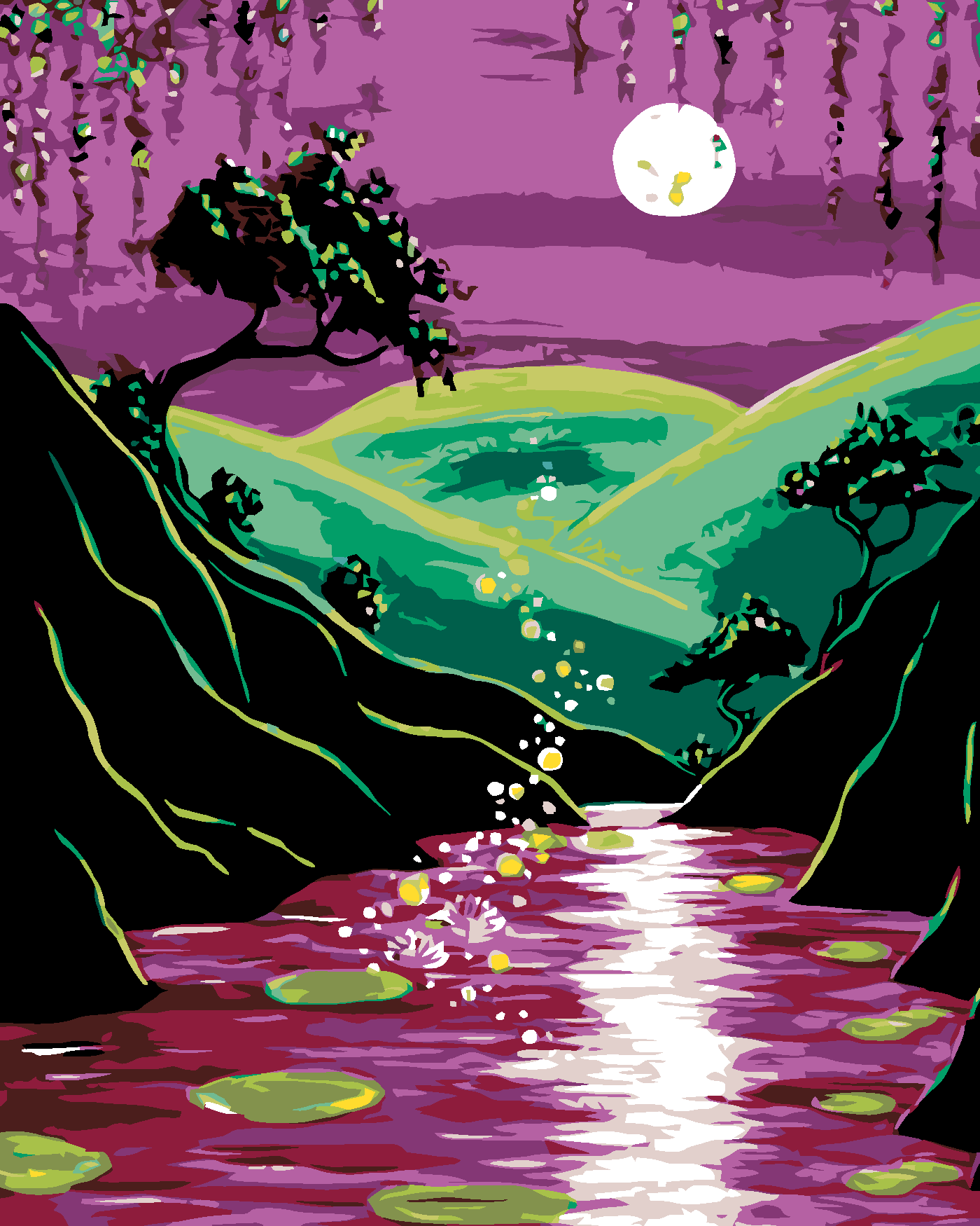 Malování podle čísel - NOČNÍ PŘÍRODA A ÚPLNĚK Rozměr: 80x100 cm, Rámování: vypnuté plátno na rám