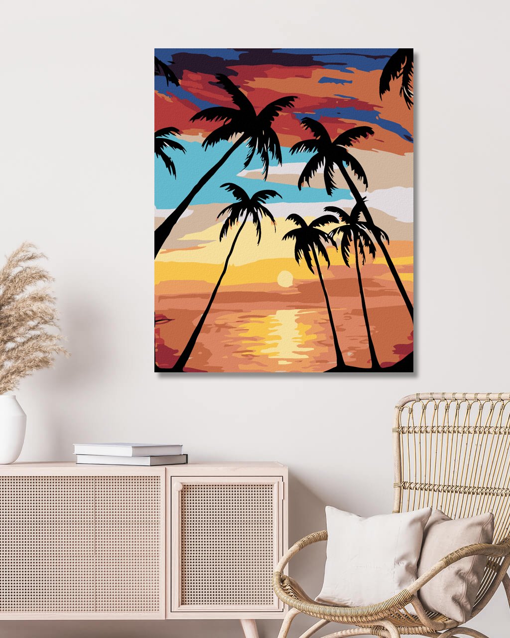 Malowanie po numerach – Zachód słońca, palmy i łódka