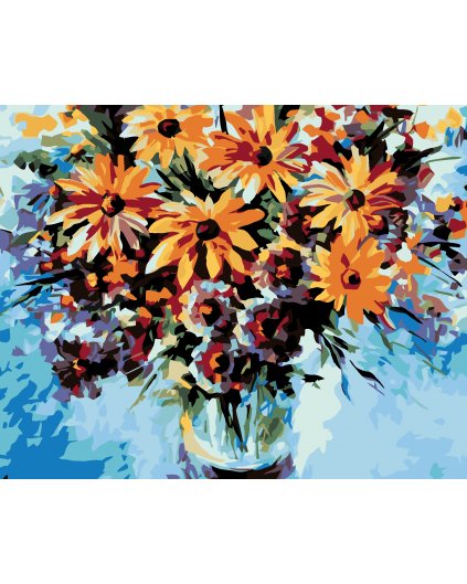 Malowanie po numerach - Bukiet kwiatów na niebieskim tle