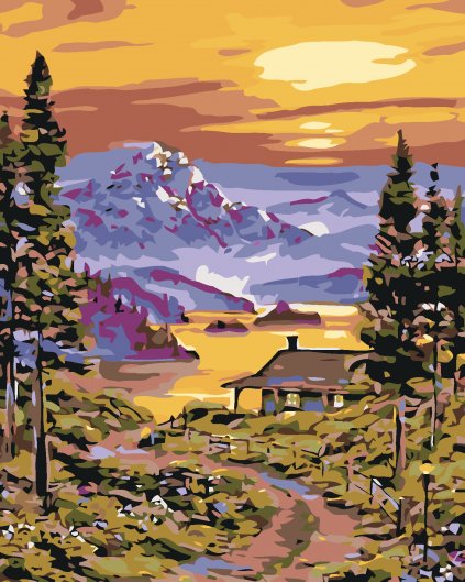 Malowanie po numerach - Górska chata nad jeziorem i zapad słońca