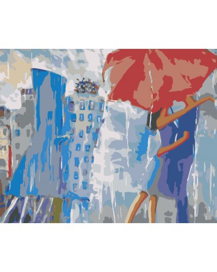 Malowanie po numerach - Pod parasolem w deszczowym mieście