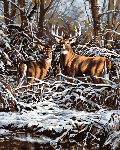 Malowanie po numerach - Jeleń z sarną w zimowym lesie