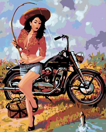 Malowanie po numerach - Kobieta łowiaca ryby z motocyklem