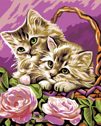 Malowanie po numerach - Kocięta w koszu z różami