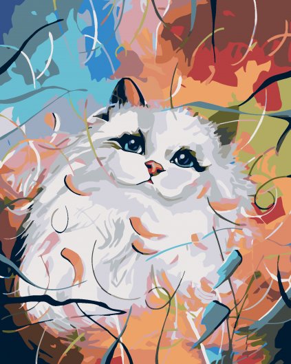 Malowanie po numerach - Biała kotka i kolorowe tło