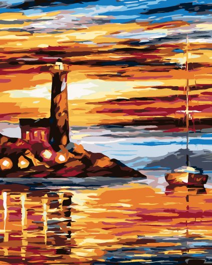 Malowanie po numerach - Latarnia morska i żeglówka w zachodzie słońca