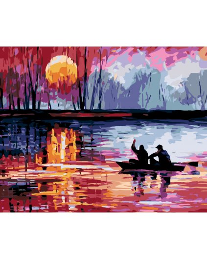 Malowanie po numerach - Zachód słońca nad jeziorem, łódka