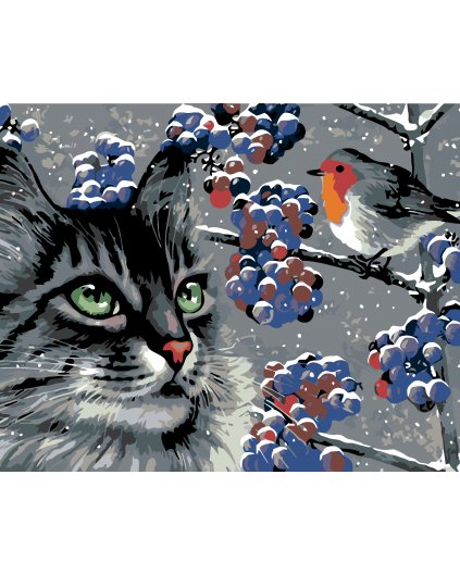 Malowanie po numerach - Czyhających szary kot i ptak