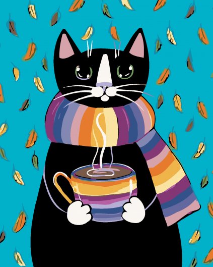 Malowanie po numerach - Kot w szaliku z kawą