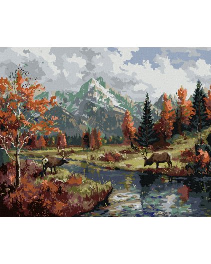 Haft diamentowy - JELEŃ NAD RZEKĄ, GÓRY I JESIENNE DRZEWA