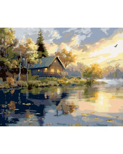 Haft diamentowy - JEZIORO, DOMEK I ZACHÓD SŁOŃCA